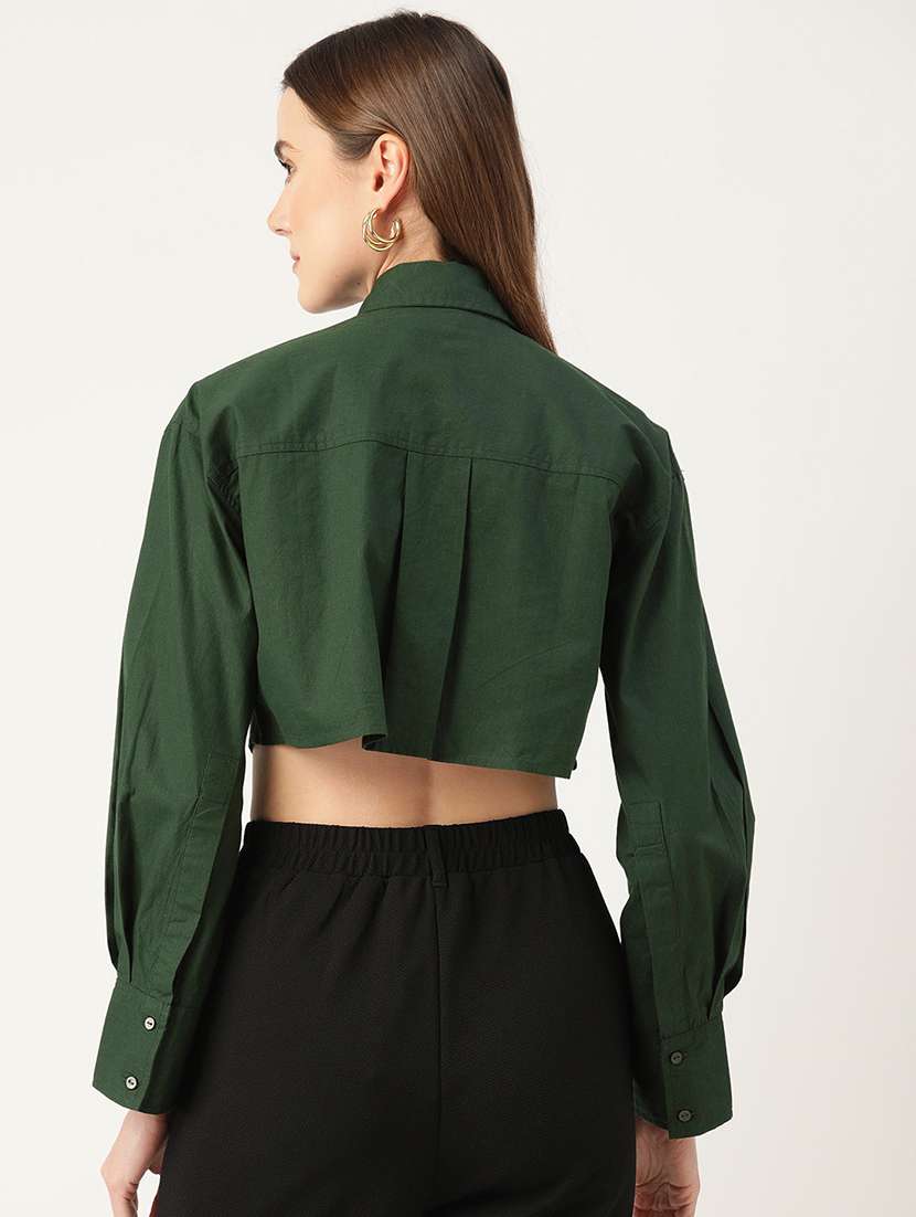 women green solid collared long sleeve crop shirt - 22028539 - Standard Image - 2