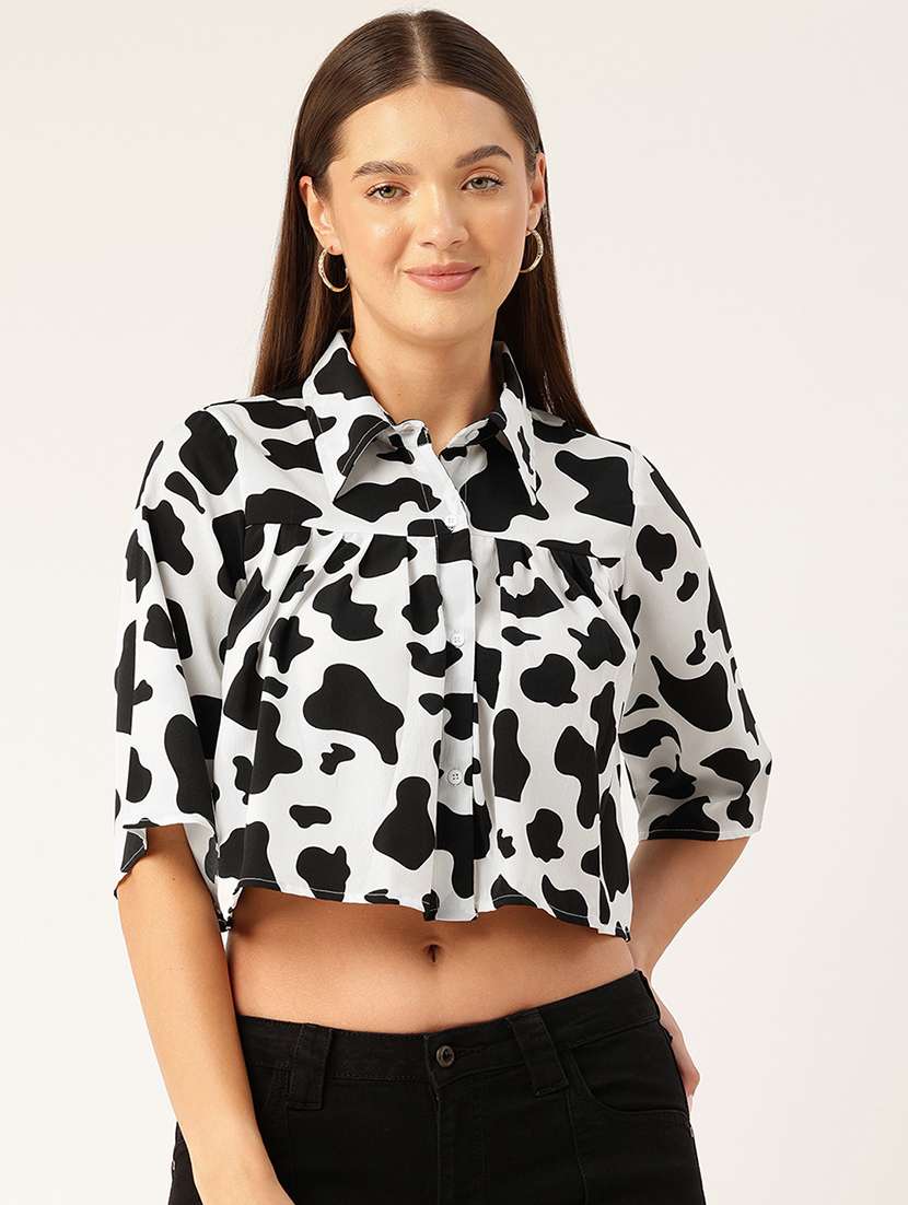 women animal print collared crop shirt