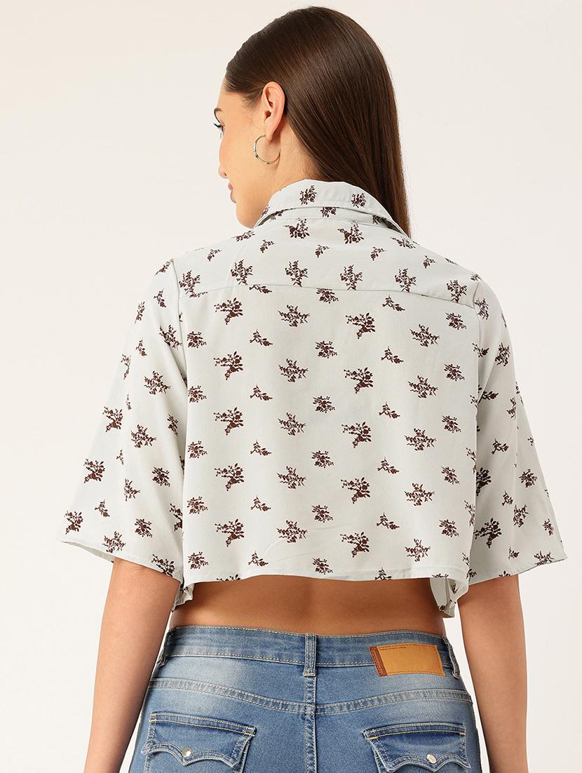 women grey printed collared crop top - 22028544 - Standard Image - 2