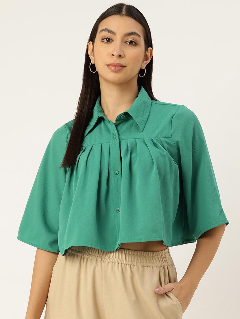 women green solid collared crop top - 22028545 - Zoom Image - 0