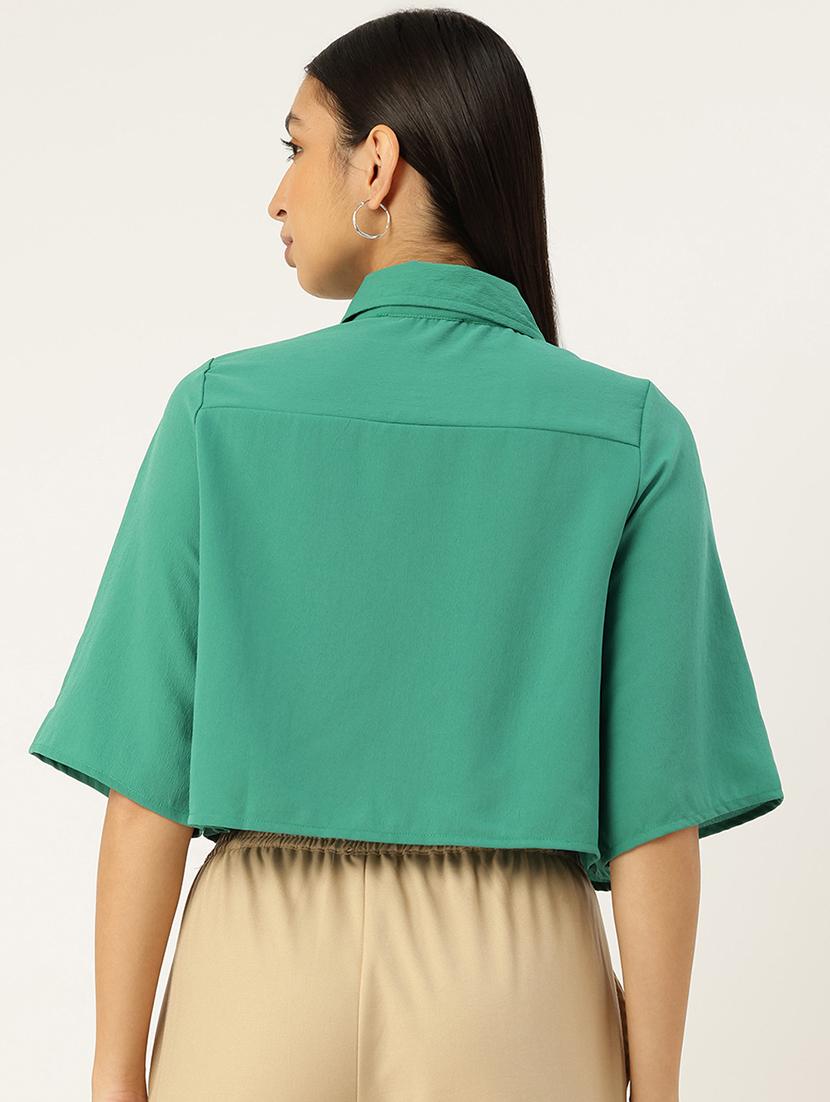 women green solid collared crop top - 22028545 - Standard Image - 2