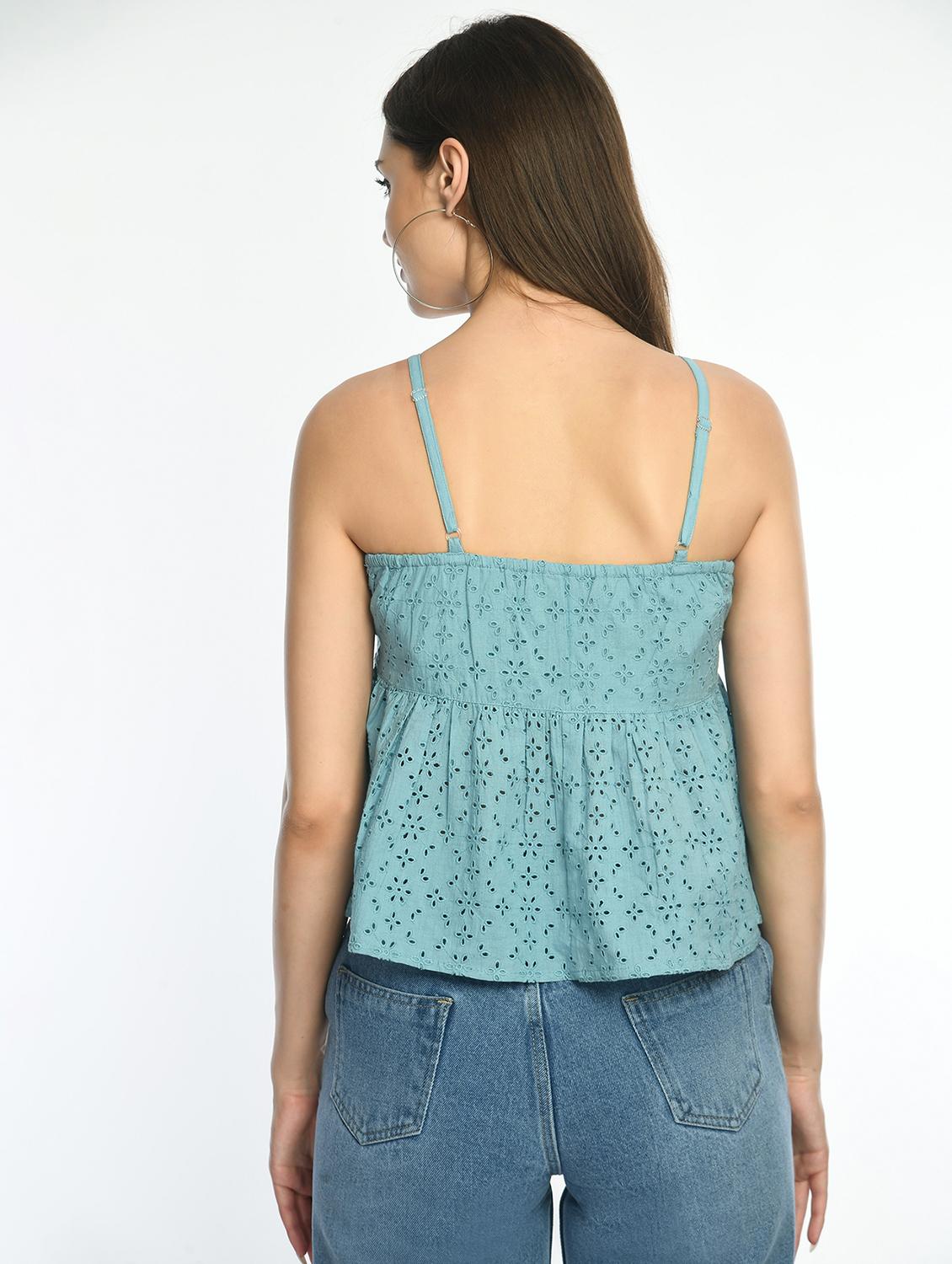 women solid shoulder strap a-line schiffli top - 22028549 - Standard Image - 2