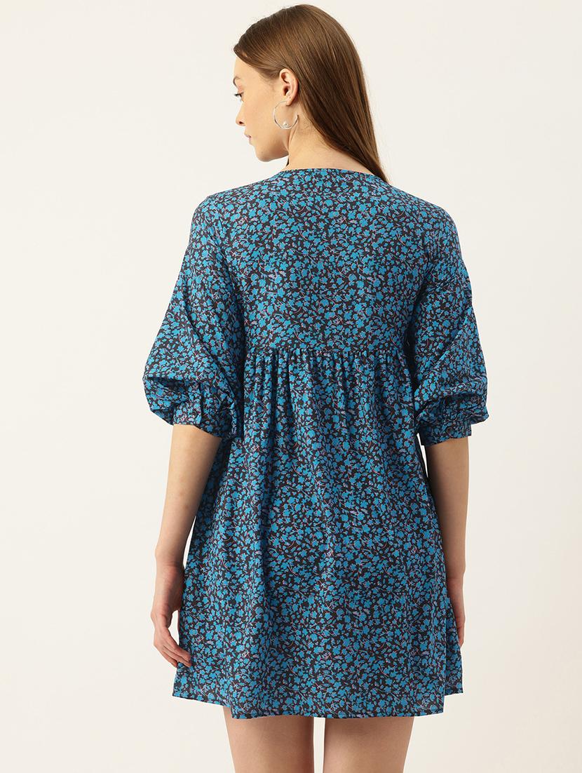 women blue printed puff sleeve tiered dress - 22028576 - Standard Image - 2