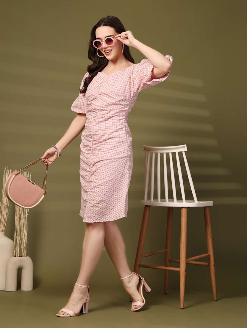 women checkered puff leeve sheath dress - 22028580 - Standard Image - 2