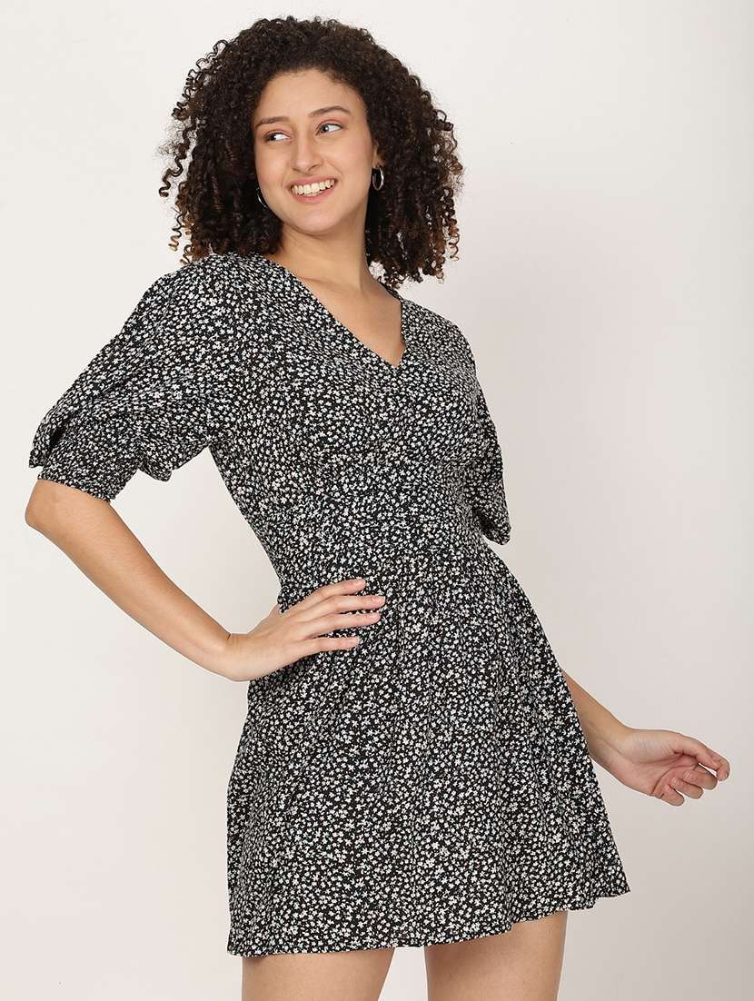 women printed puff sleeve a-line dress - 22028683 -  Standard Image - 2