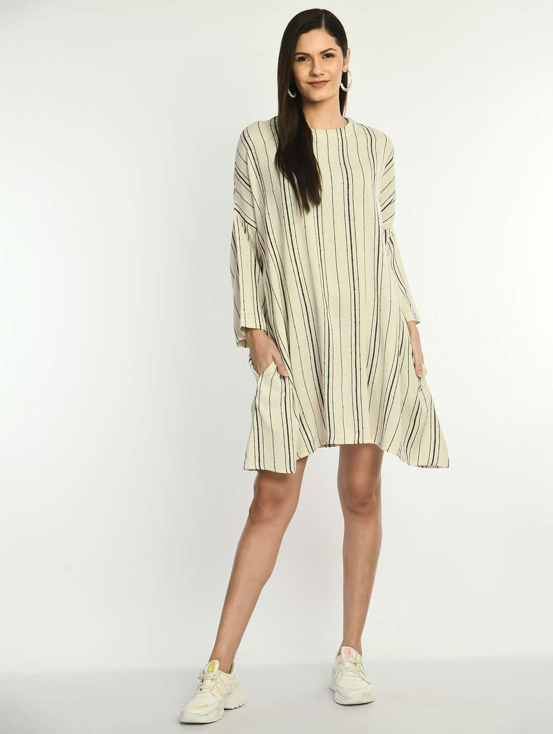 women striped long sleeve relaxed fit a-line dress