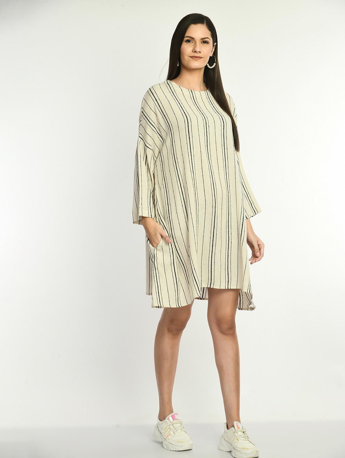 women striped long sleeve relaxed fit a-line dress - 22028727 - Standard Image - 2