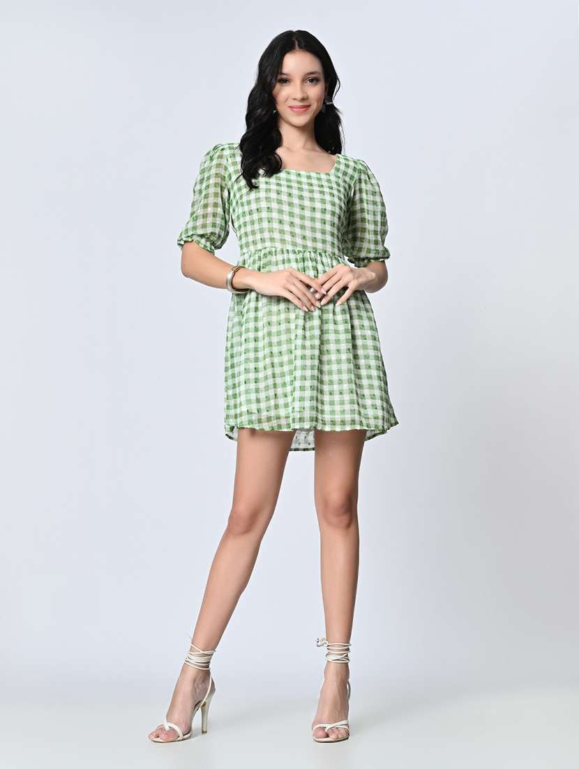 women checkered puff sleeve fit & flared dress