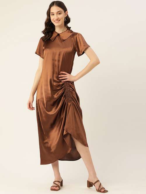 women solid collared short sleeve ruched dress - 22028819 - Standard Image - 0