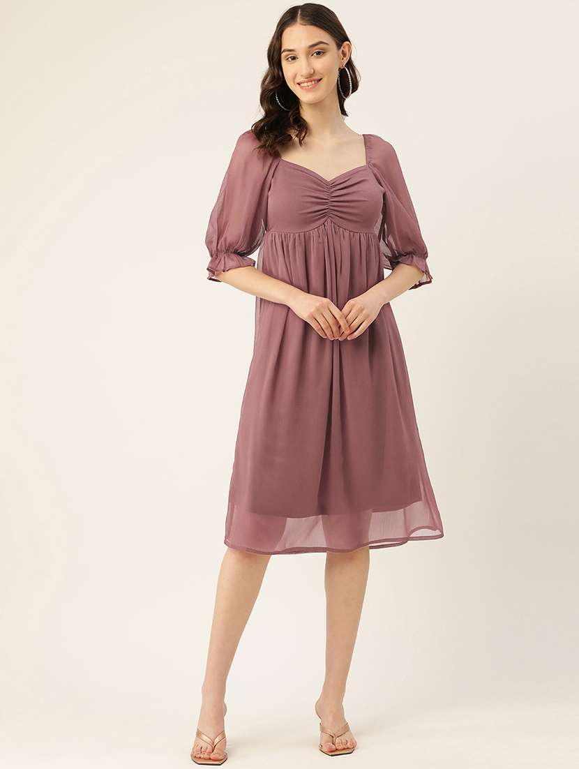 women solid puff sleeve a-line dress - 22028820 -  Standard Image - 2