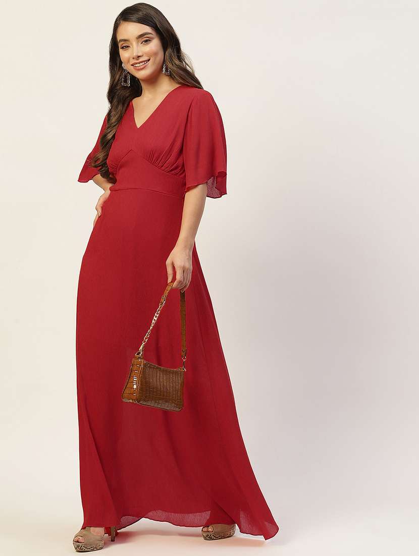 women red solid flared sleeve fit & flare dress - 22028821 -  Standard Image - 2
