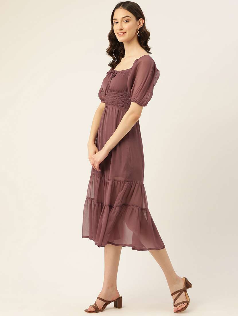 women solid puff sleeve tiered dress - 22028822 -  Standard Image - 2