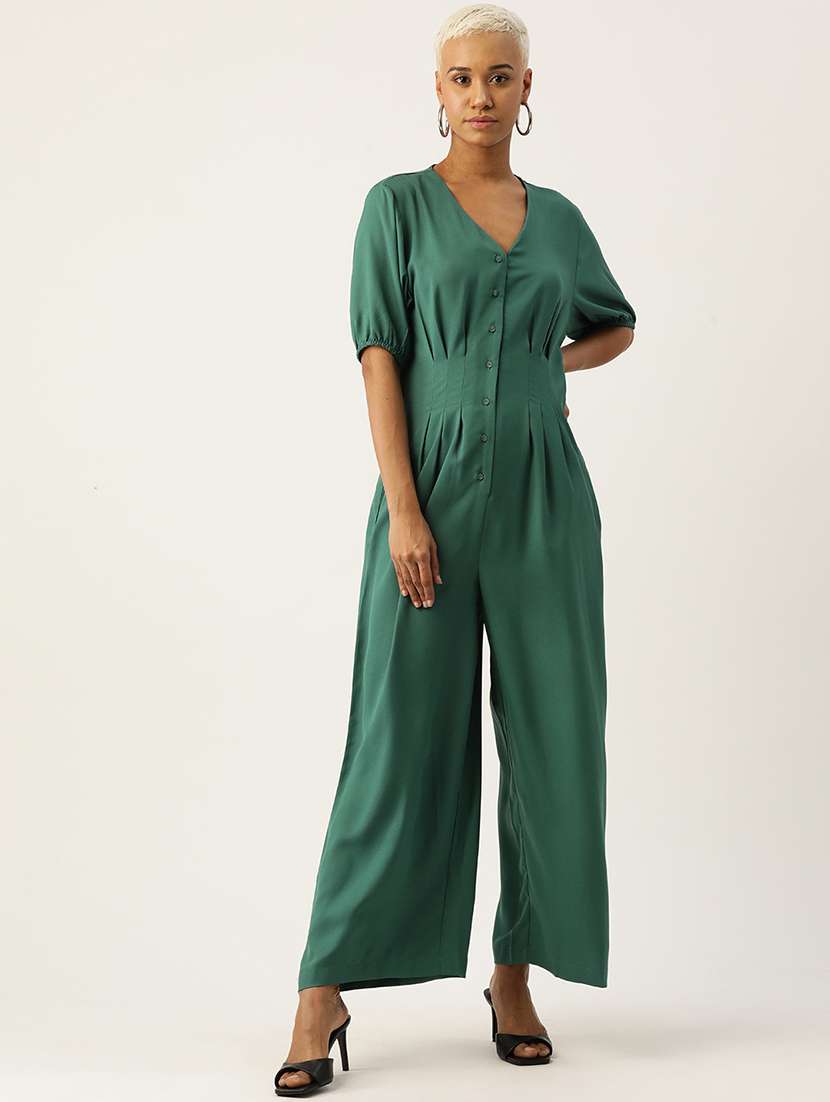 women green solid puff sleeve jumpsuit