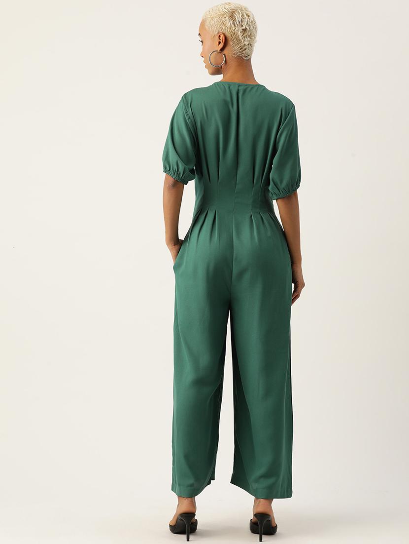 women green solid puff sleeve jumpsuit - 22028832 - Standard Image - 2