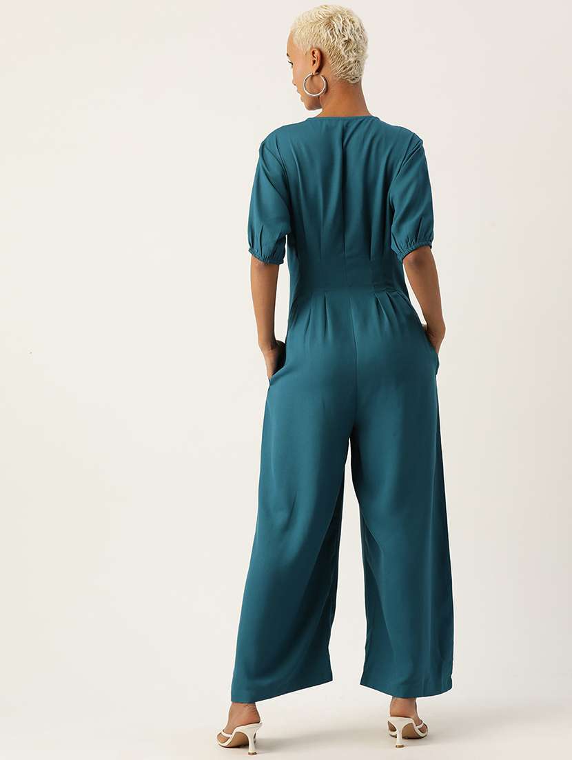 women teal solid puff sleeve jumpsuit - 22028834 -  Standard Image - 2