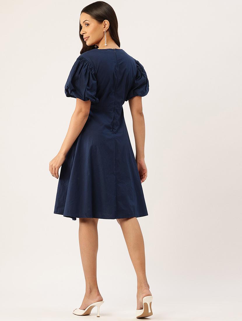 women solid puff sleeve fit & flare dress - 22028835 - Standard Image - 2