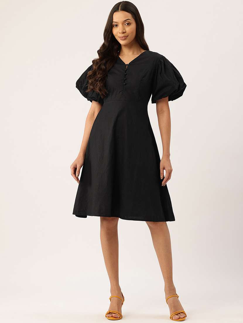 women solid puff sleeve fit & flare dress