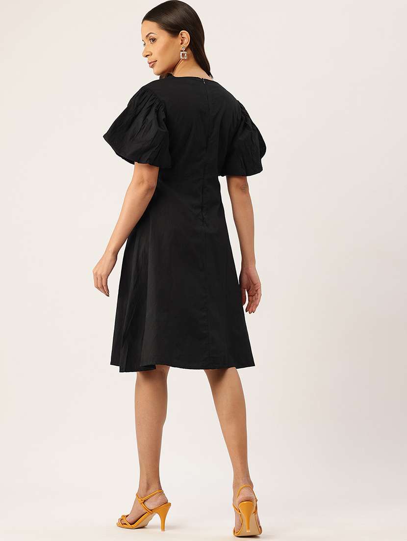 women solid puff sleeve fit & flare dress - 22028836 -  Standard Image - 2