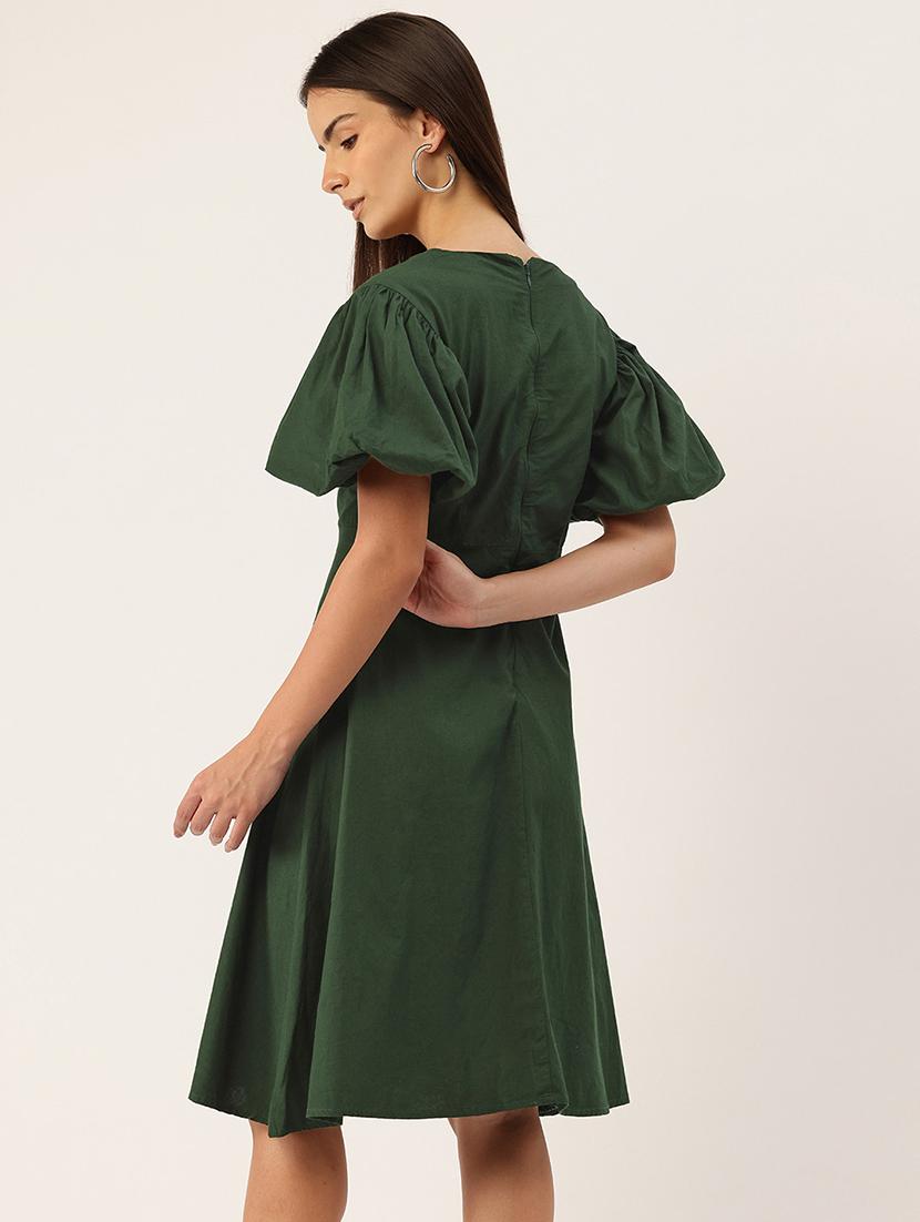 women solid puff sleeve fit & flare dress - 22028837 - Standard Image - 2
