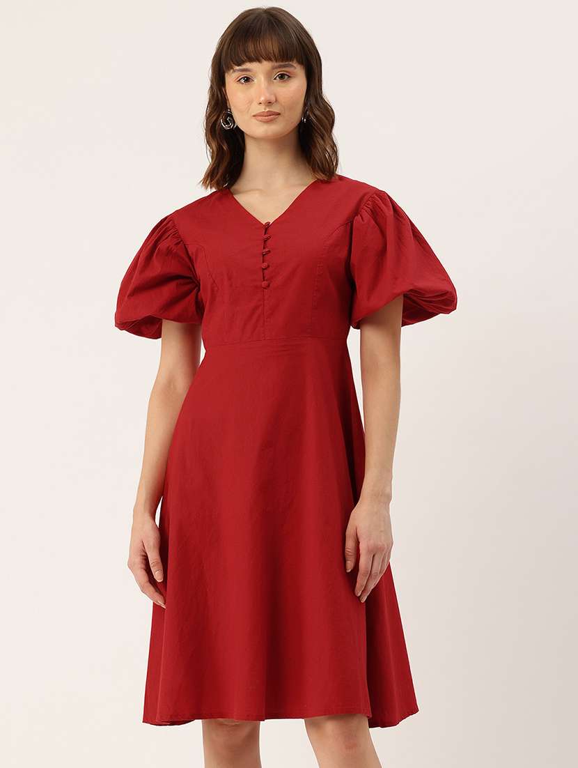 women solid puff sleeve fit & flare dress