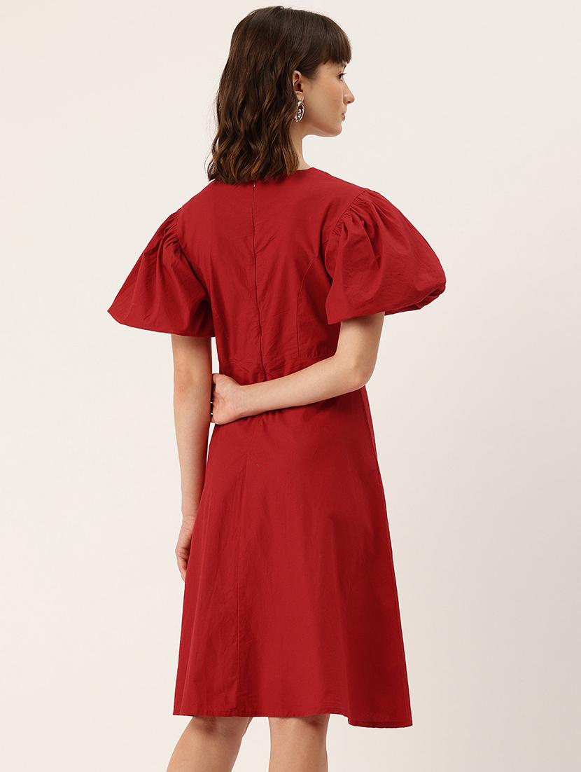 women solid puff sleeve fit & flare dress - 22028838 - Standard Image - 2