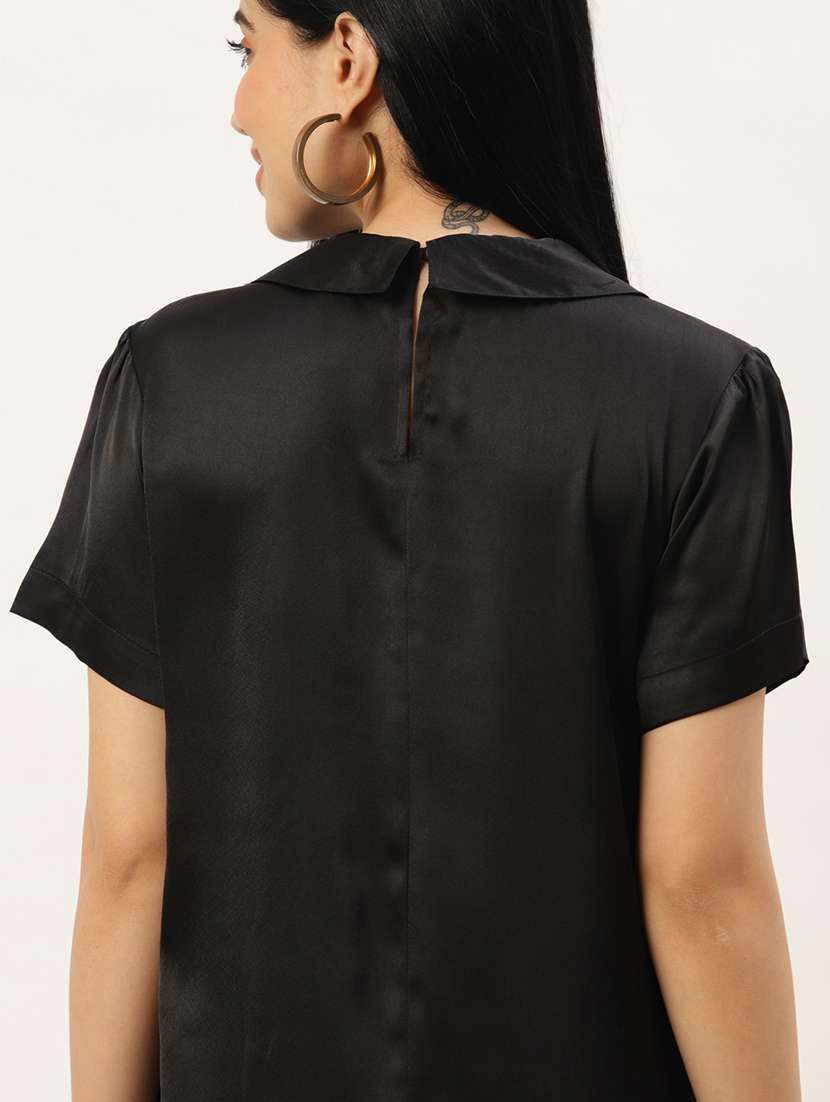 women black solid collared ruched dress - 22028845 -  Standard Image - 2