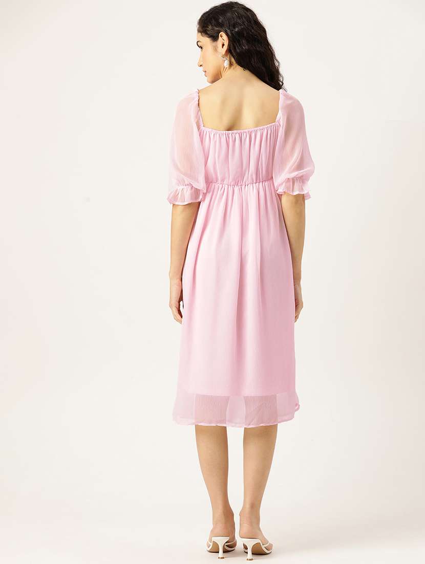 women pink solid puff sleeve a-line dress - 22028847 -  Standard Image - 2