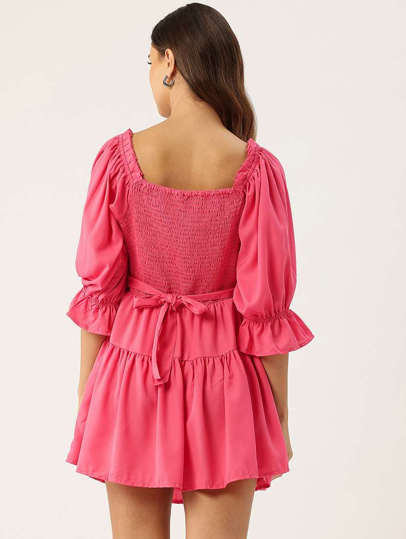 women pink solid puff sleeve tiered dress - 22028848 -  Standard Image - 2