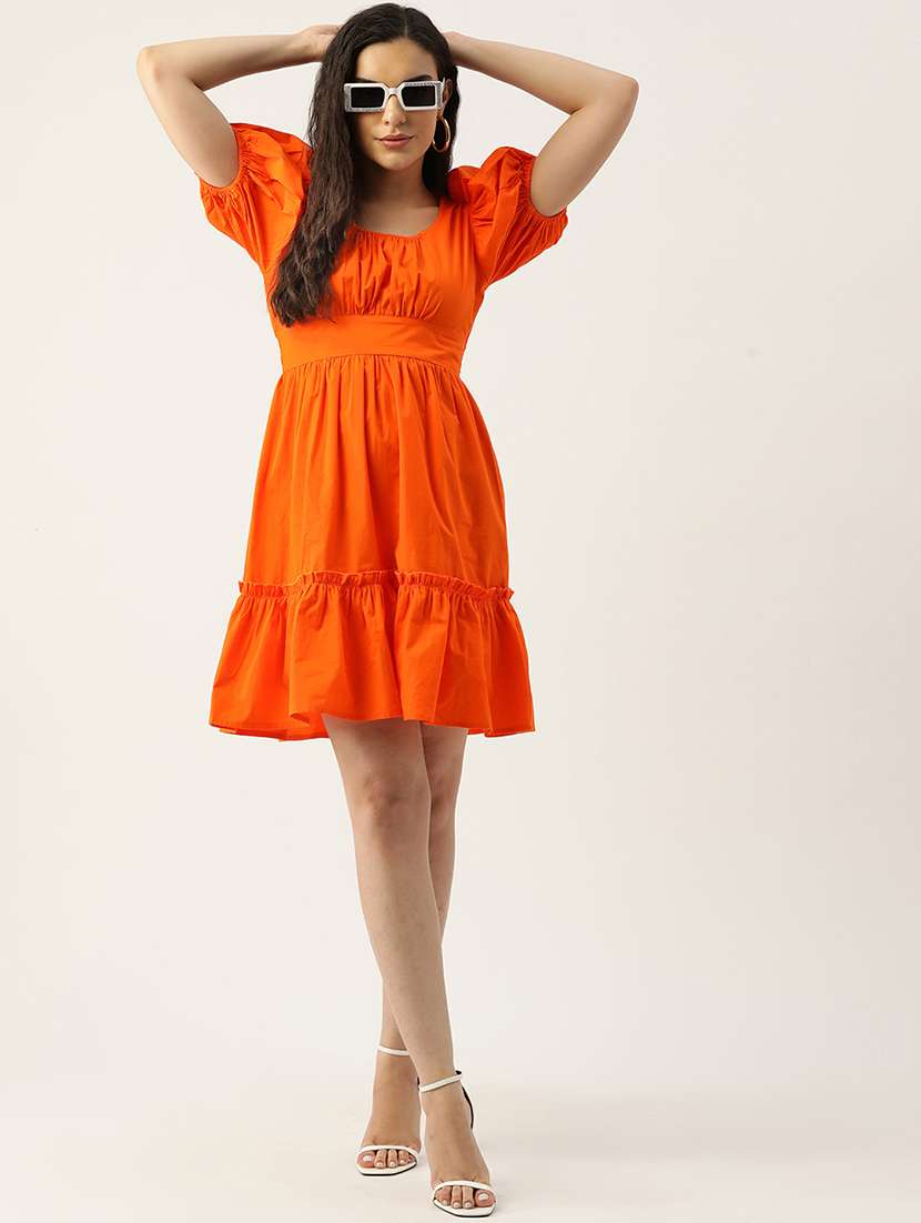women orange solid puff sleeve tiered dress - 22028850 -  Standard Image - 2