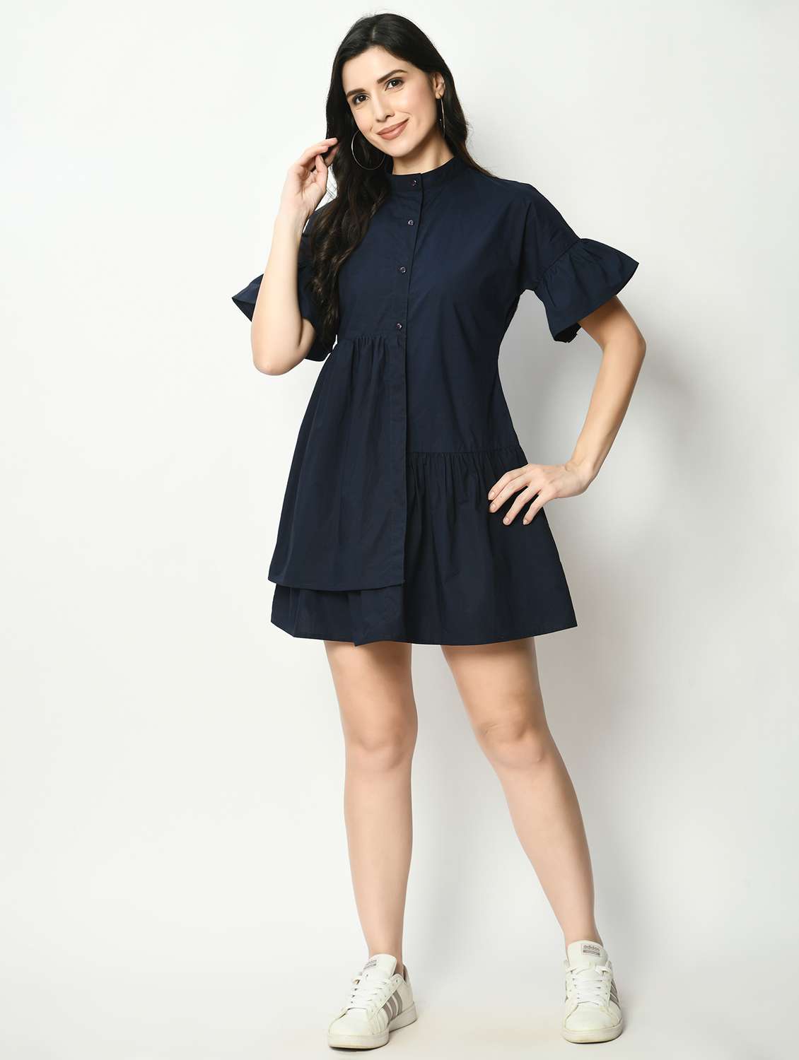 women navy blue solid bell sleeve tiered dress