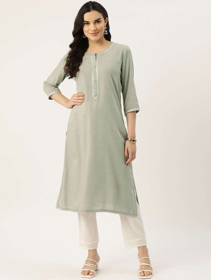 women solid three quarter sleeve straight kurta - 22028857 - Zoom Image - 0