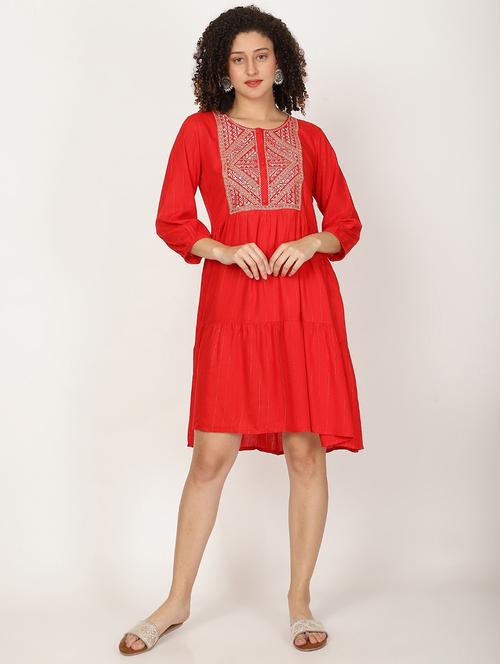 women red embroidered round neck tiered dress - 22028861 - Standard Image - 0