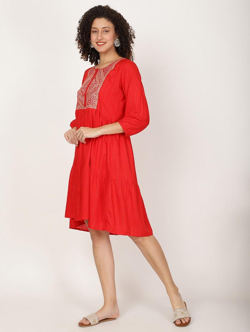 women red embroidered round neck tiered dress - 22028861 - Standard Image - 2