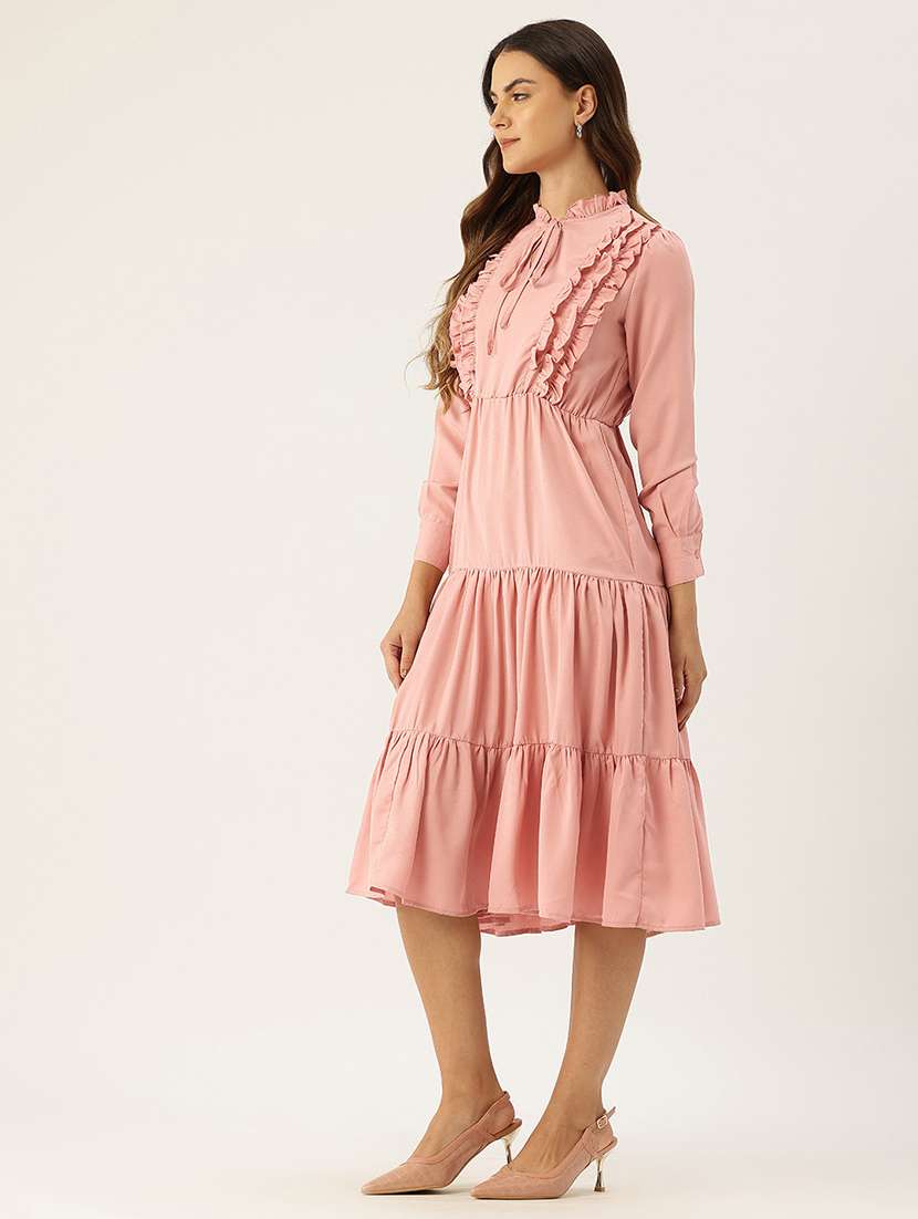 women pink solid tie up neck tiered dress - 22028863 - Standard Image - 2