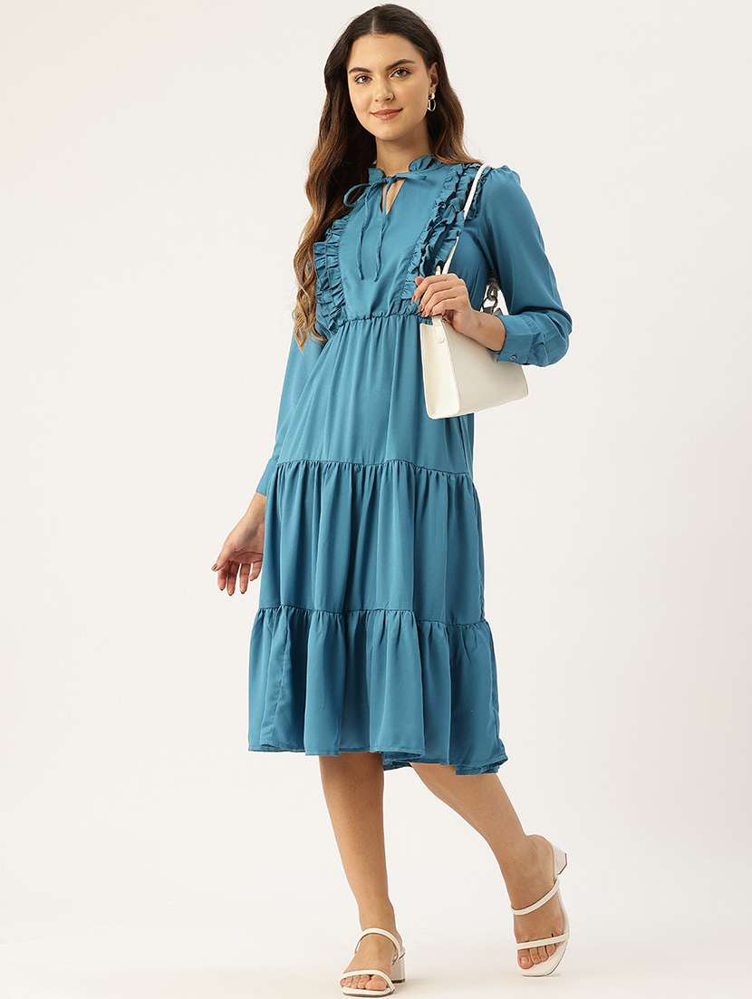 women blue solid tie up neck tiered dress - 22028864 - Standard Image - 2
