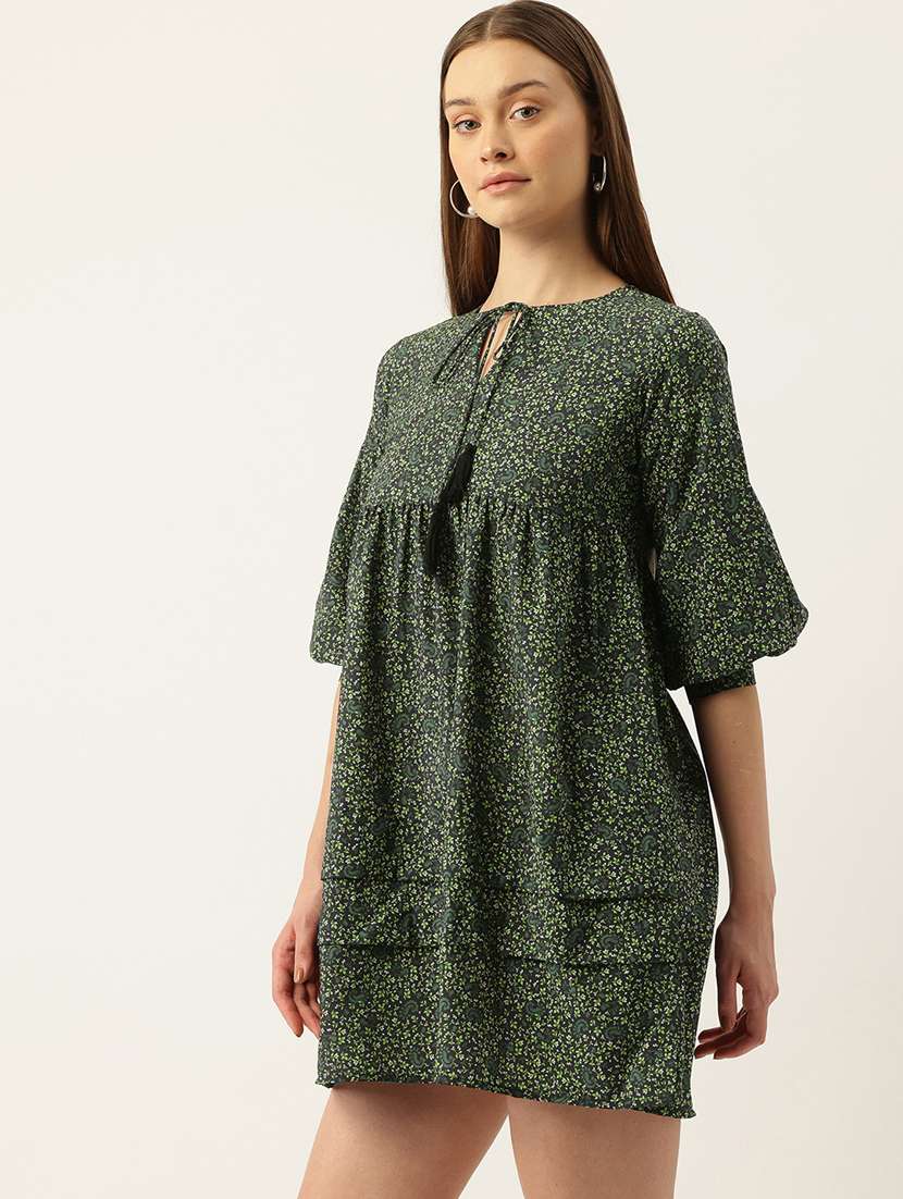 women floral print puff sleeve tie up neck dress