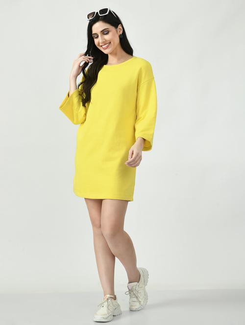 women yellow solid long sleeve t-shirt dress - 22028874 - Standard Image - 0