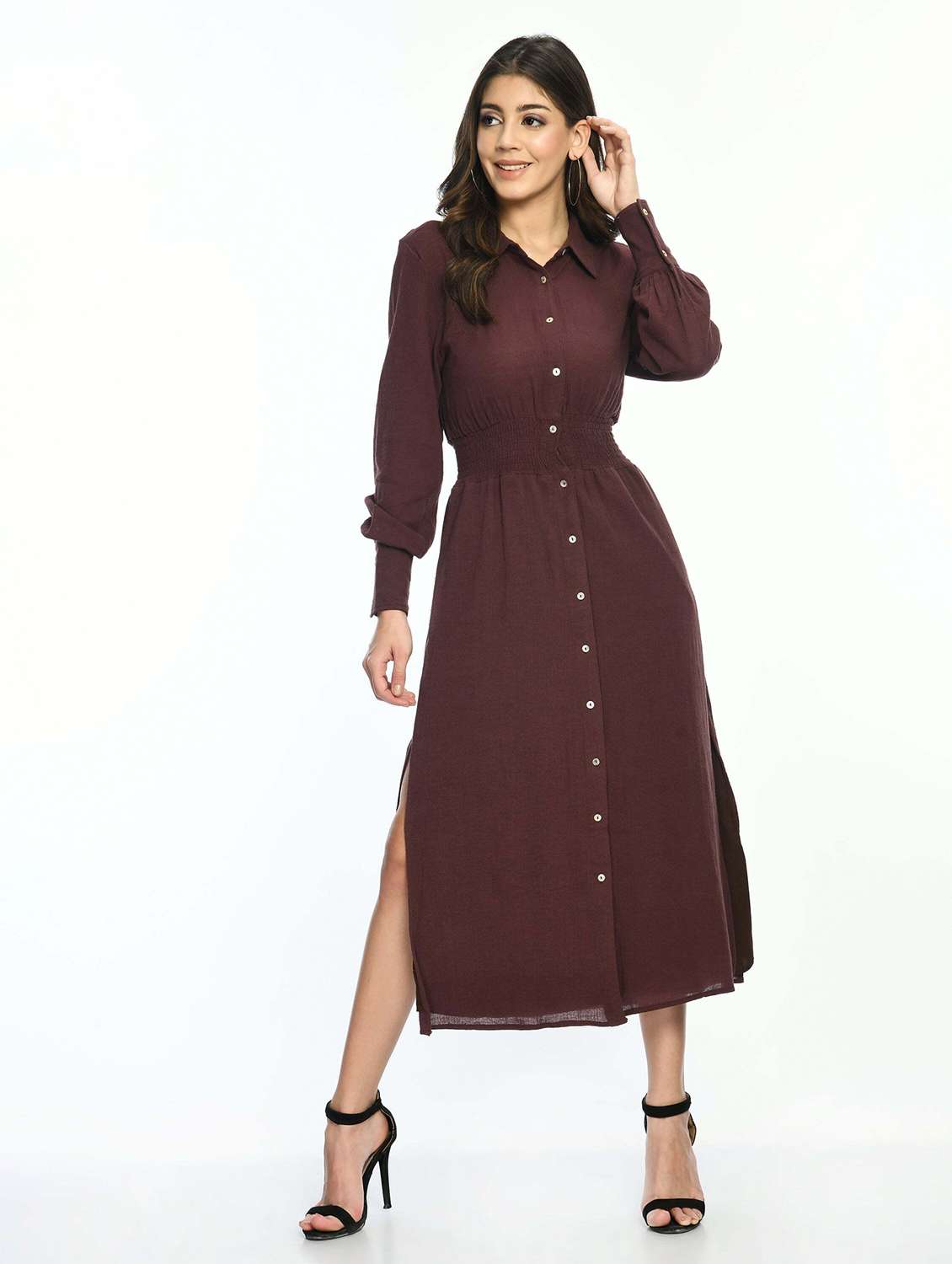 women brown solid collared long sleeve shirt dress