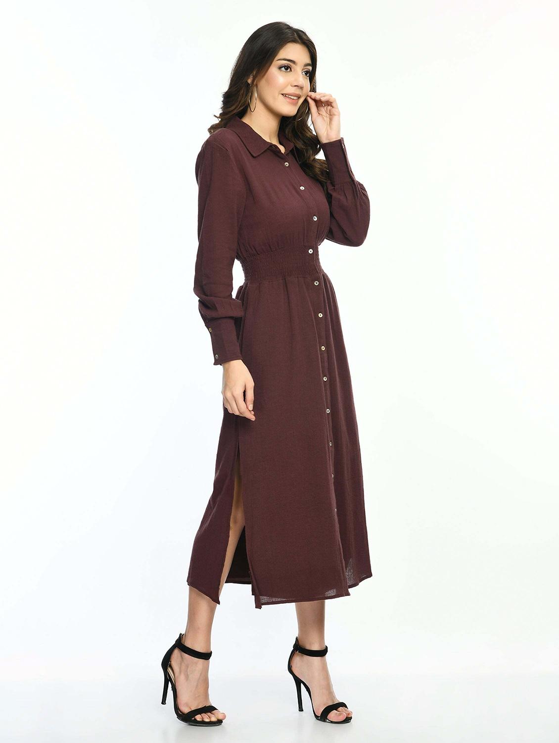 women brown solid collared long sleeve shirt dress - 22028875 - Standard Image - 2