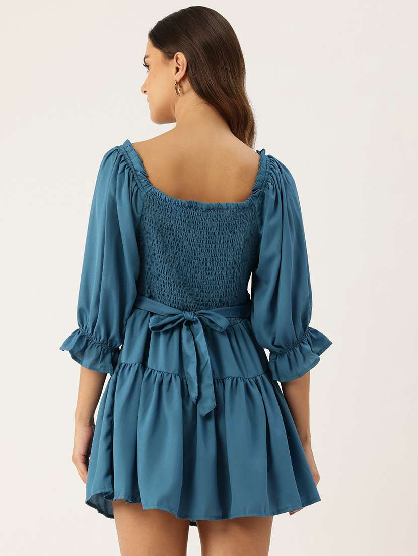women solid puff sleeve tiered dress - 22028881 -  Standard Image - 2