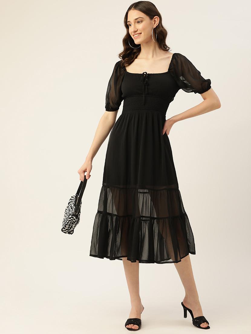 women black solid puff sleeve tiered dress - 22028885 - Standard Image - 2