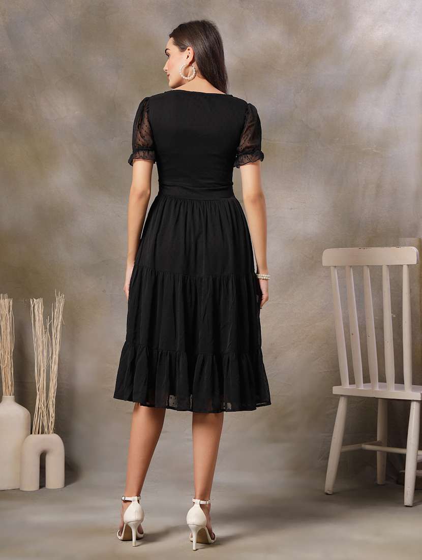 women black solid puff sleeve tiered dress - 22028886 -  Standard Image - 2