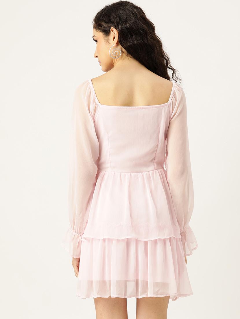 women pink solid long sleeve sweetheart neck layered dress - 22028888 - Standard Image - 2