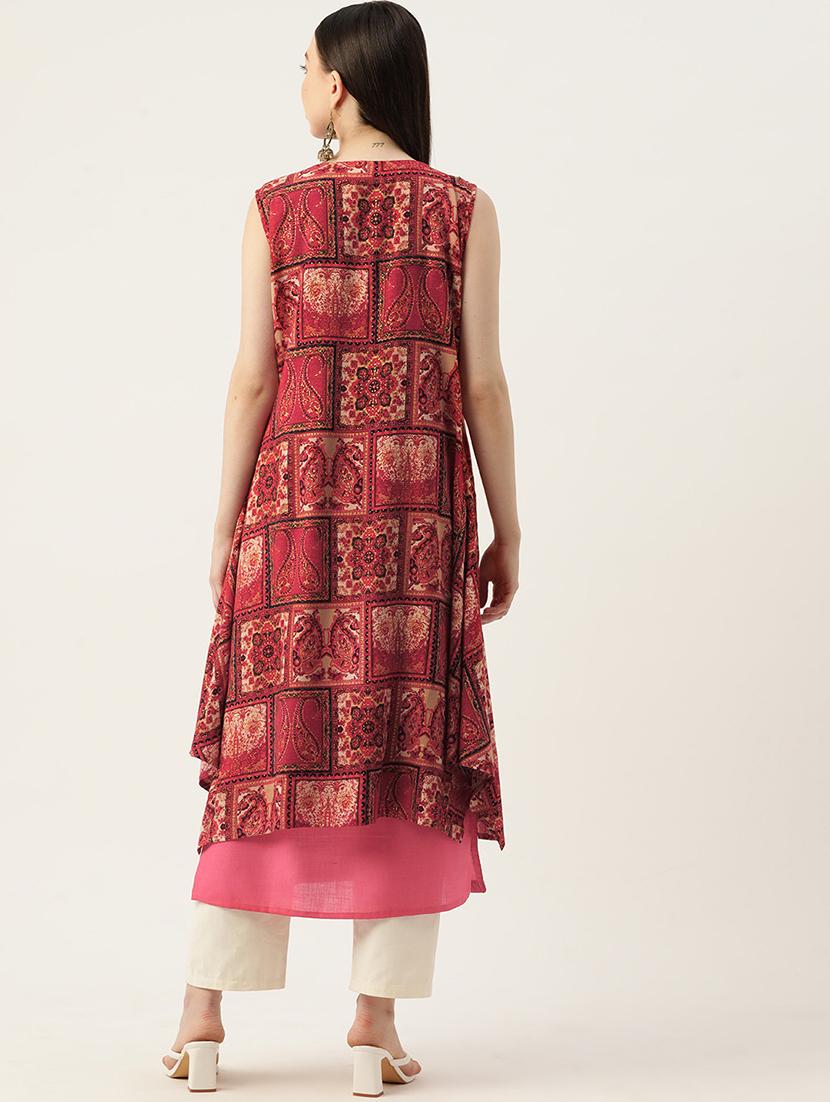 women pink printed sleeveless kurta with jacket - 22028893 - Standard Image - 2