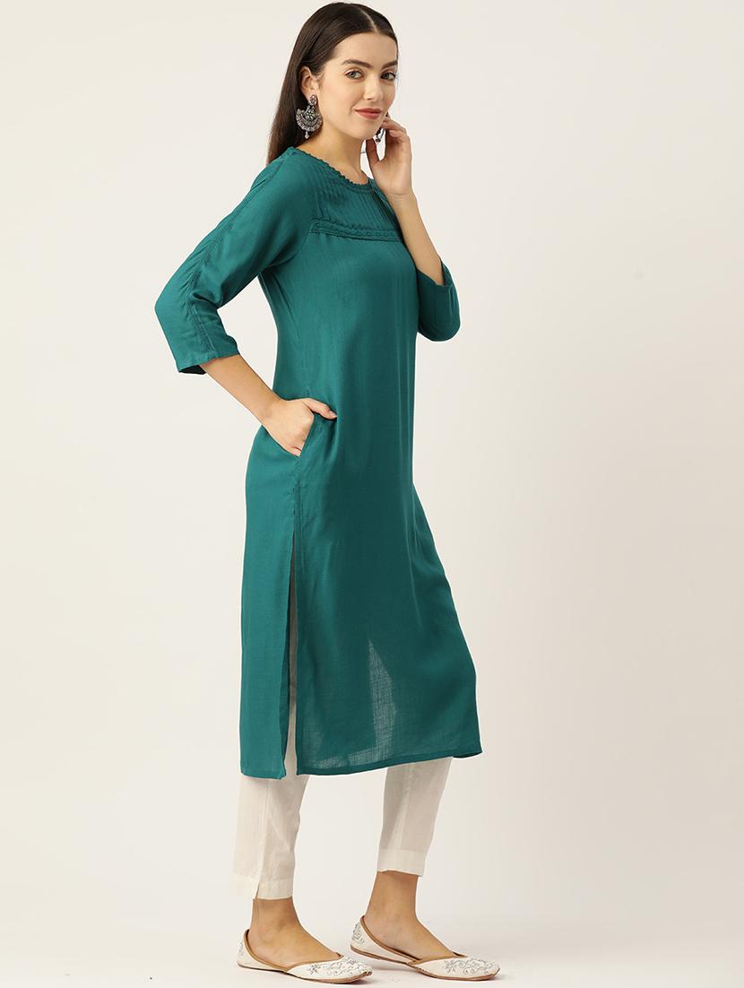 women solid three quarter sleeve straight kurta - 22028901 - Standard Image - 2