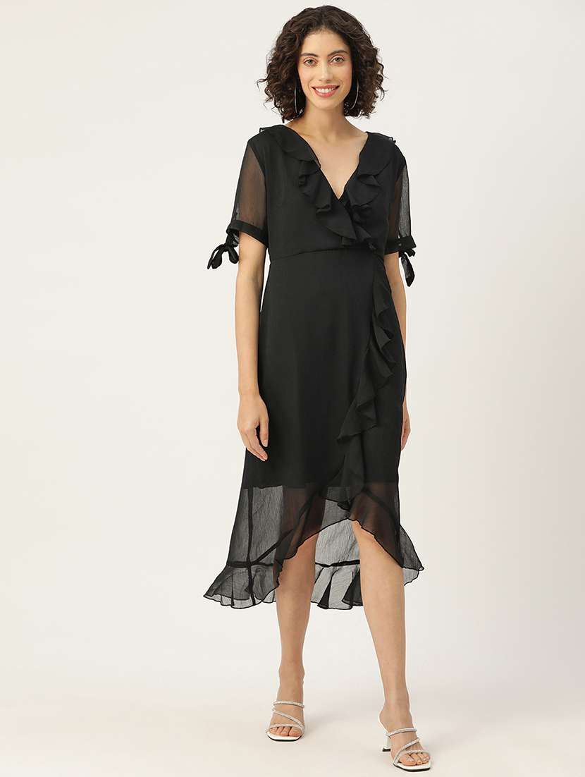 women black solid ruffled asymmetric dress - 22028906 - Zoom Image - 0