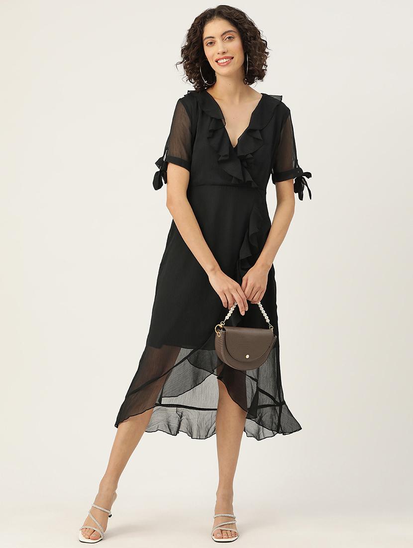 women black solid ruffled asymmetric dress - 22028906 - Standard Image - 2