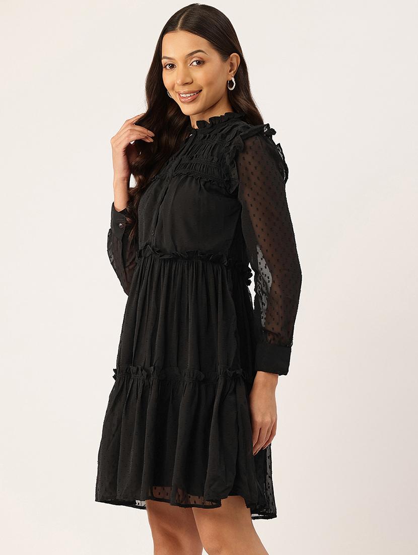 women black solid long sleeve tiered dress - 22028924 - Standard Image - 2