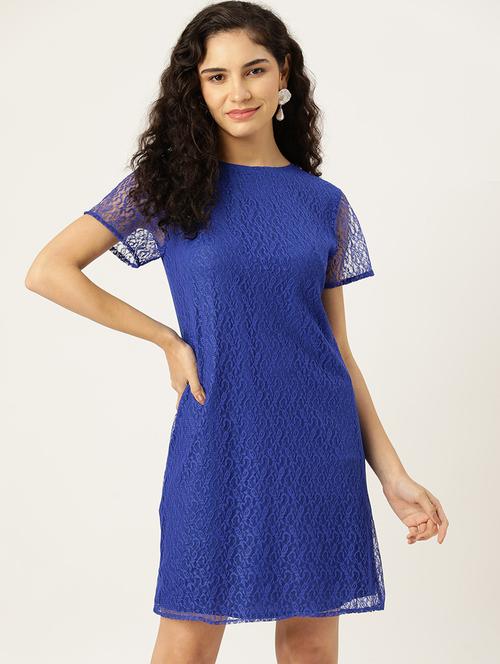 women blue solid short sleeve laced a-line dress - 22028932 - Standard Image - 0