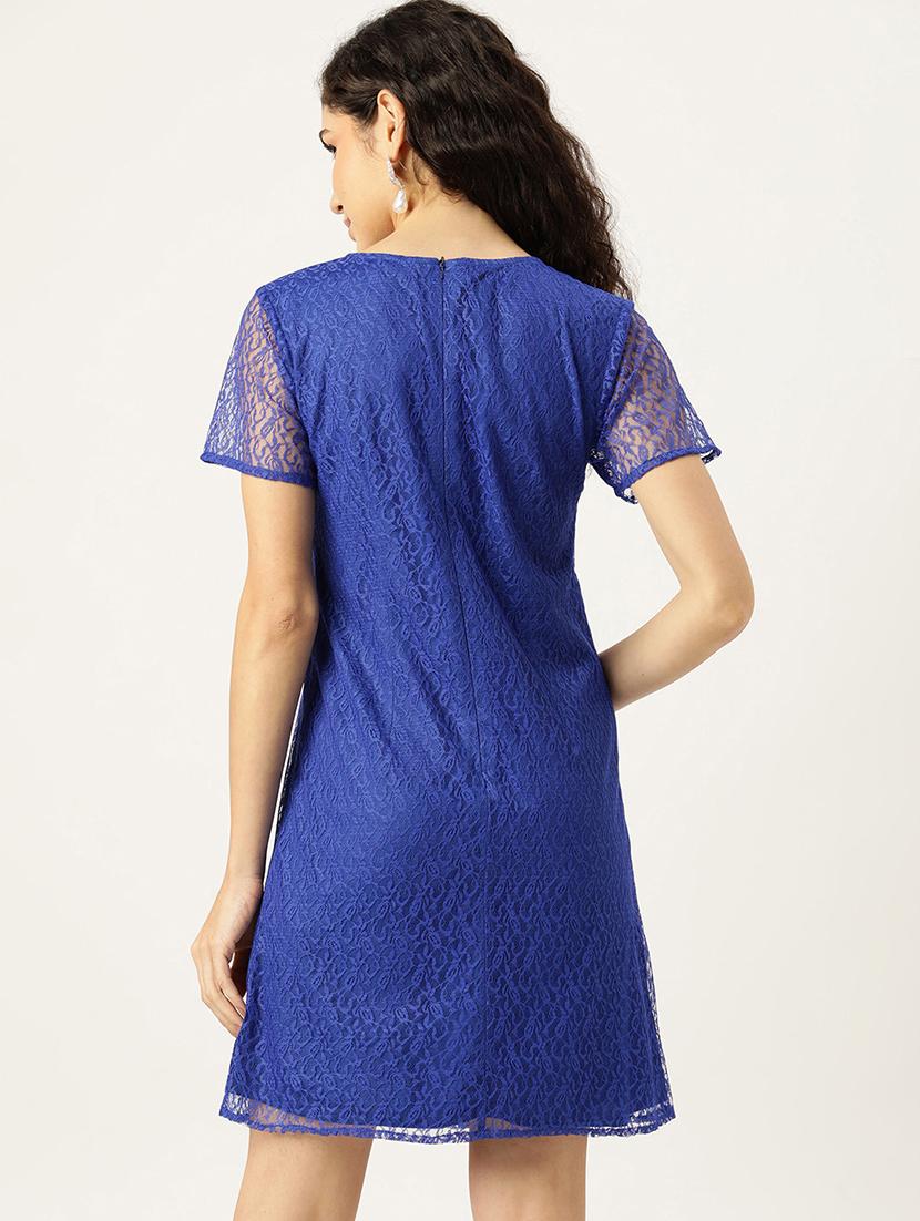 women blue solid short sleeve laced a-line dress - 22028932 - Standard Image - 2